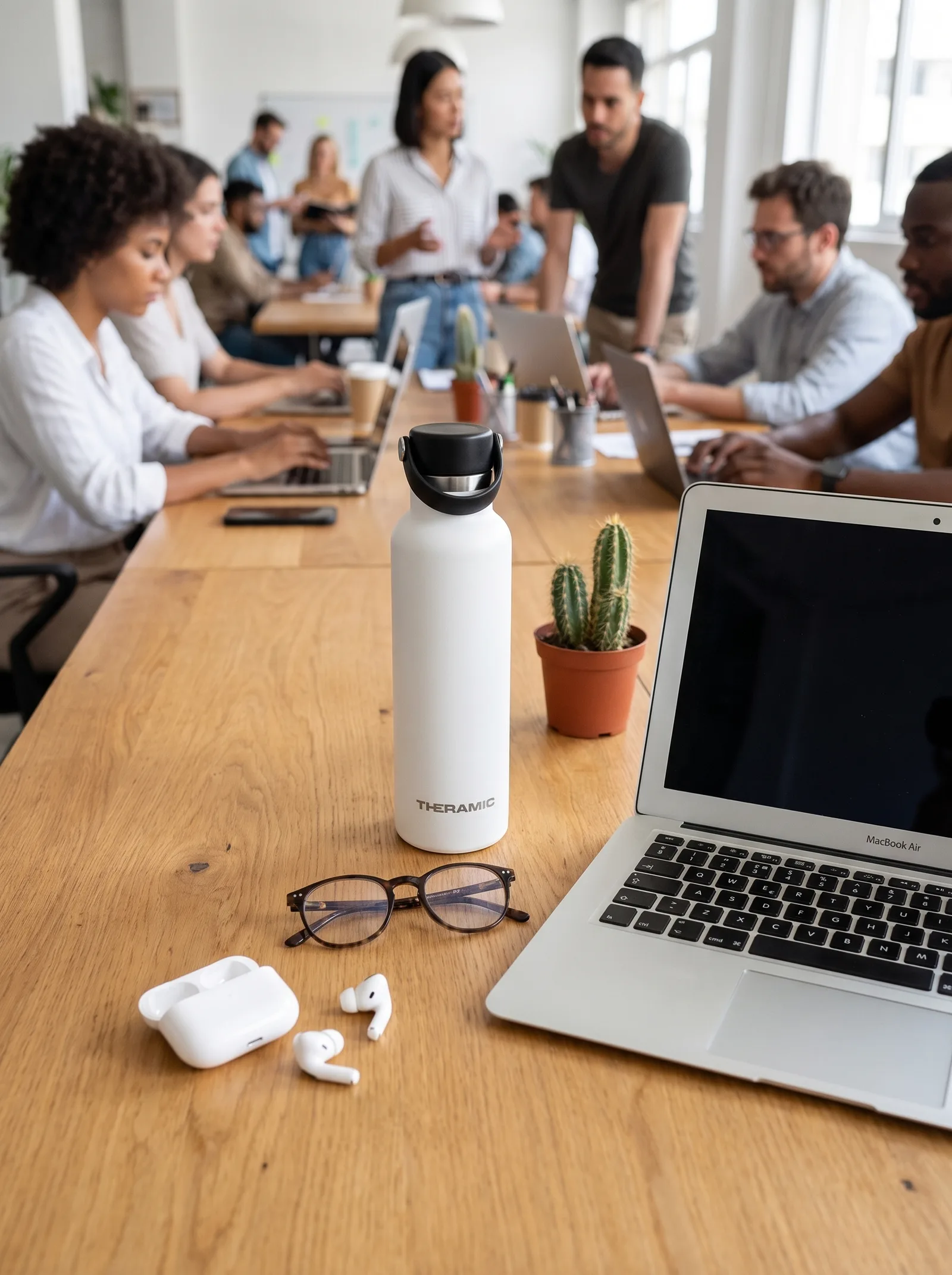 Botella Theramic blanca sobre una mesa de oficina compartida, junto a un portátil, unas gafas y un cactus, con gente trabajando al fondo