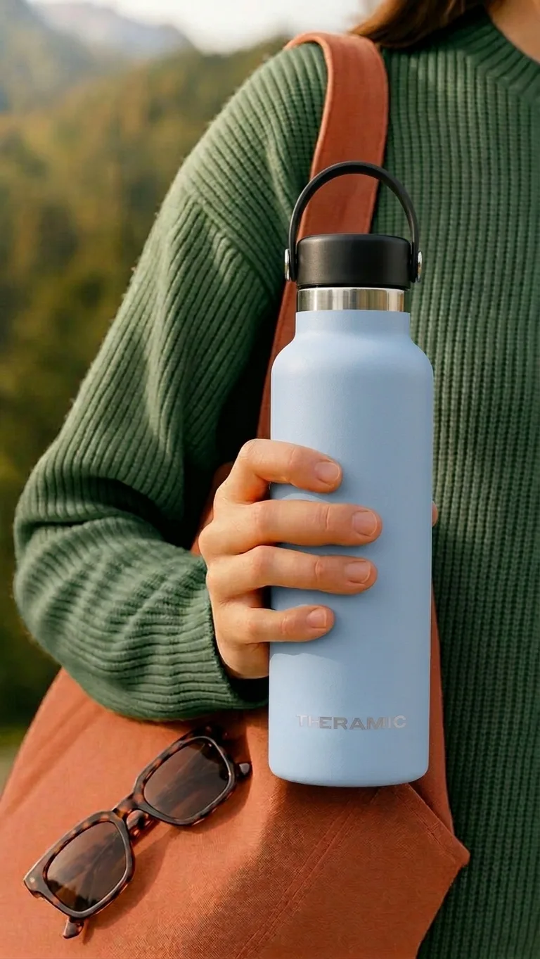 Persona con jersey verde sosteniendo una botella Theramic celeste al aire libre, con vegetación al fondo