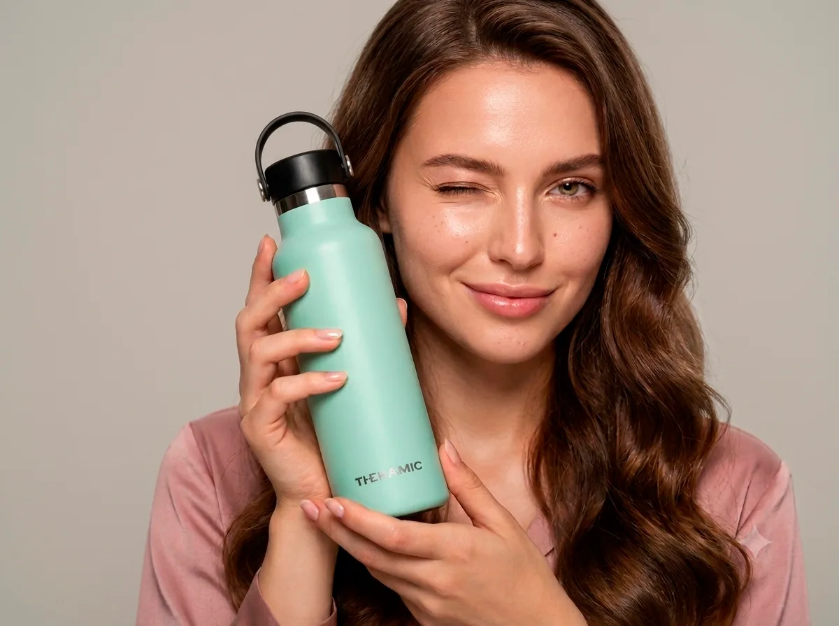 Persona sosteniendo una botella Theramic en acabado menta
