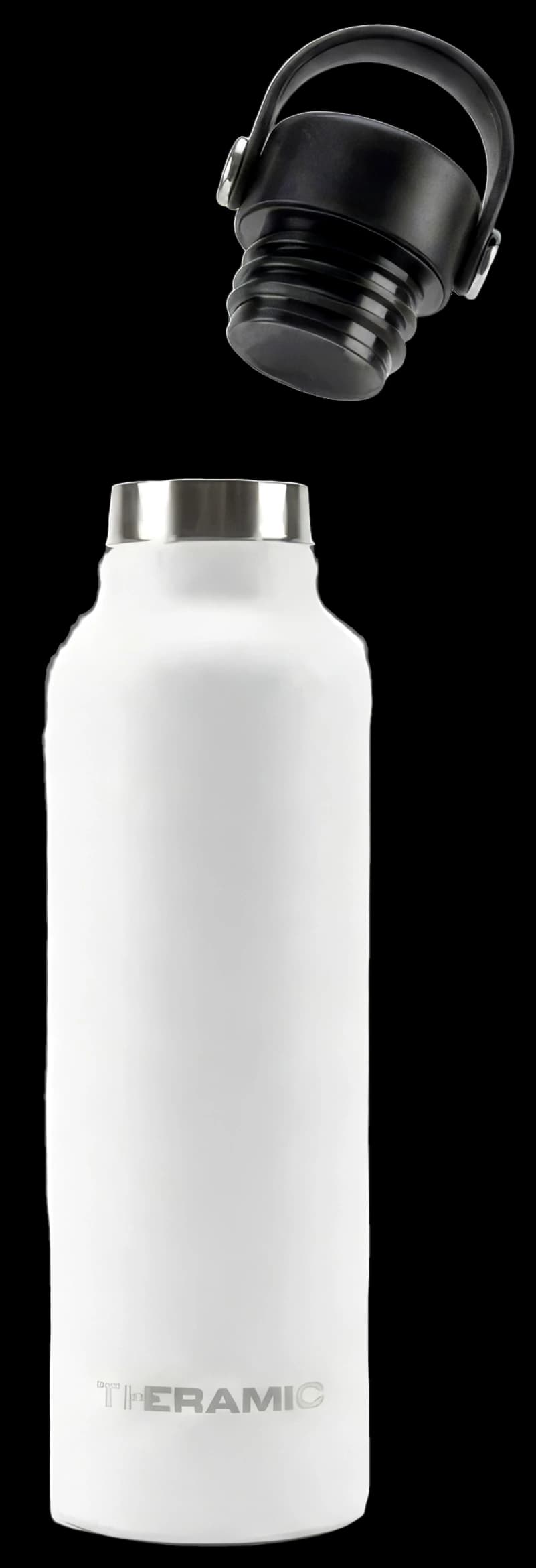 Botella Theramic en acabado Blanco Roto con el tapón hermético levantado, a la vista el collarín de acero