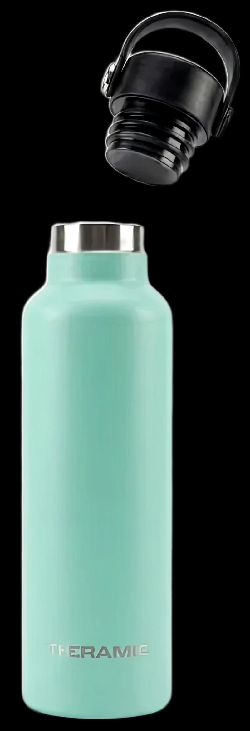 Botella Theramic en acabado Menta con el tapón hermético levantado, a la vista el collarín de acero