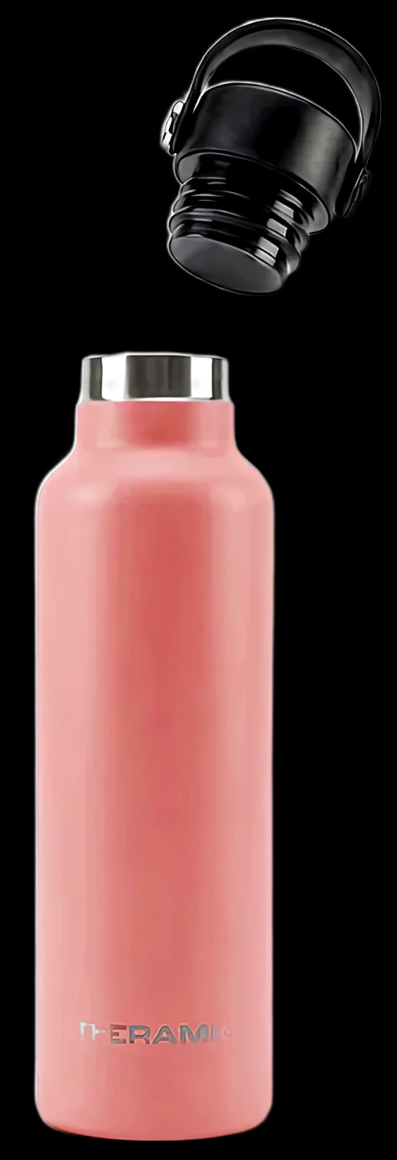 Botella Theramic en acabado Rosa con el tapón hermético levantado, a la vista el collarín de acero